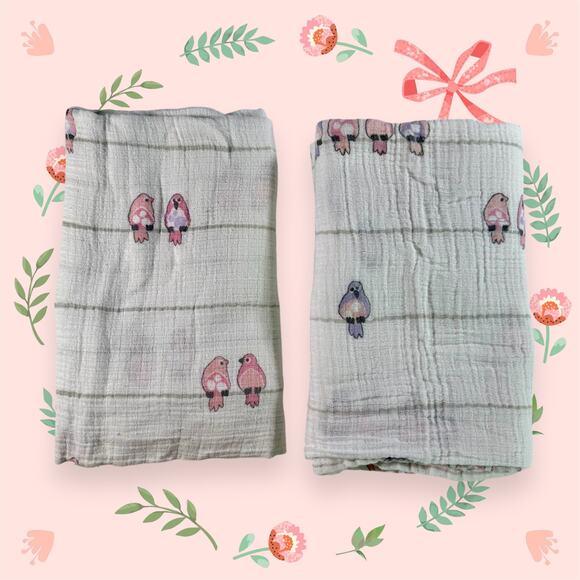 Aden + Anais Set 2 Cotton Muslin White Pink Purple Birds Swaddler Baby Blankets - Picture 1 of 7